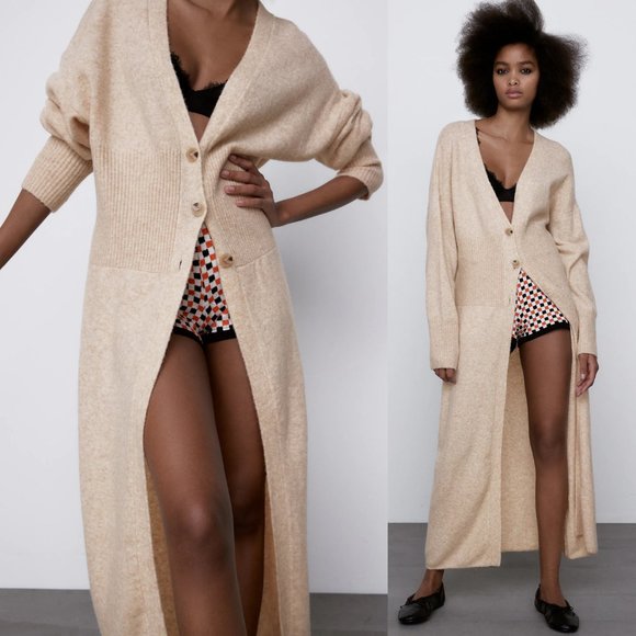 NEW Zara Wool Blend Long Maxi Duster Cardigan Sand - Picture 6 of 11